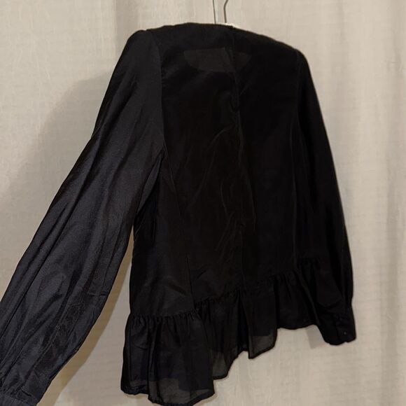 ZARA S Black Multi Floral Embroidered Long Sleeve Cotton Silk Peplum Blouse - Picture 7 of 10